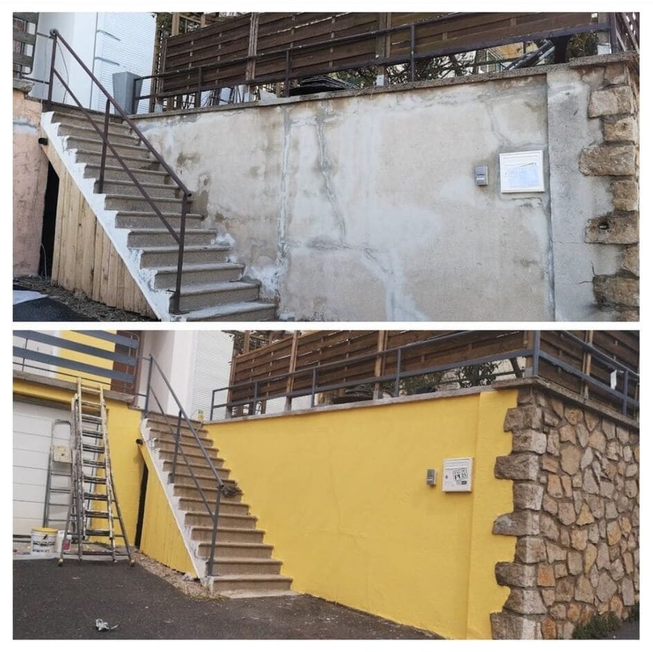 Façade rénovée à Brive-la-Gaillarde avec traitement des murs extérieurs et peinture